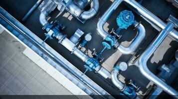 Top view of steel water piping structure with circulation pumps and valves in industrial building, Generative AI photo