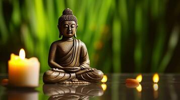 Buddha in meditation with burning candle, Generative AI photo