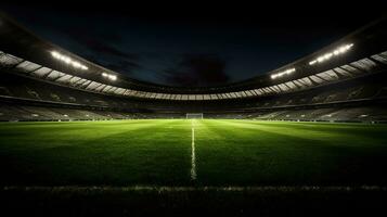 Football stadium with good grass, and good lighting visible from below, AI Generative photo