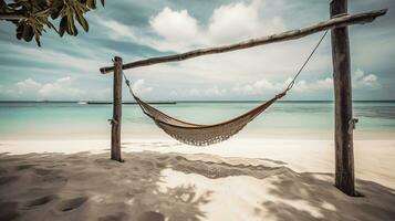 Tropical beach and sky background as exotic summer landscape with beach swing or hammock and white sand. AI Generative photo