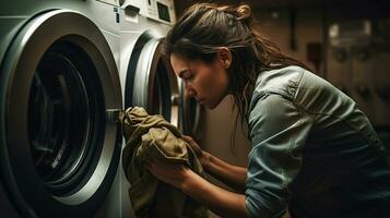 Young woman taking down jacket from washing machine room, generative ai photo