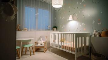 Interior of light children's room with baby bodysuits, lamp and table photo