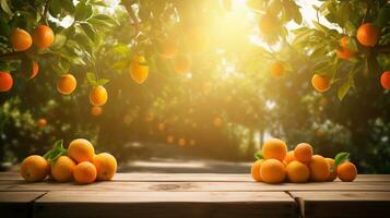 Naturally Beautiful, A Wooden Table Set Amongst Orange Trees in Sunlight. Copy space, AI Generative photo
