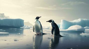 Two penguins stand on melting ice in Arctic Ocean global warming concept, world global planet climate change. Two cute emperor penguins confused by ice melting. Generative AI photo