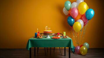 Table with birthday cake and balloons near color wall. AI Generative photo