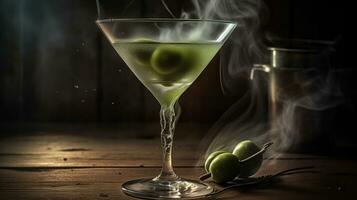A martini glass is filled with clear vodka and liquid nitrogen, with small green olive in glass, A gentle white mist is slowing flowing out of the martini glass into the air, Generative AI photo