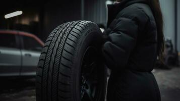 women Mechanic holding a tire tire at the repair garage. replacement of winter and summer tires, generative ai photo