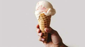 frio y cremoso deleitar, un mans mano participación un cucharón de Leche hielo crema en un gofre cono. generativo ai foto