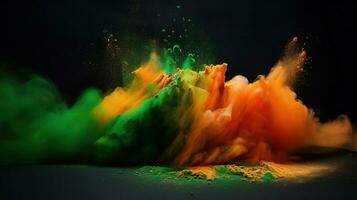 Orange and green color powder splash. Concept for India independence day, generative ai photo