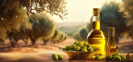 Golden olive oil bottles with olives leaves and fruits setup in the middle of rural olive field with morning sunshine. copy space. Generative AI photo