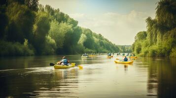 kayaking on the river. Outdoor summer vacations. Holiday travel activities. Discover the beauty of earth, generative ai photo