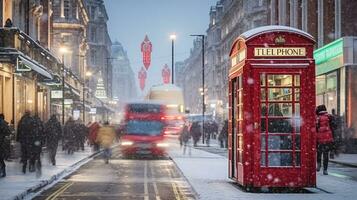 invierno escena en un compras alto calle con un rojo autobús, teléfono cabina y nevada, generativo ai foto
