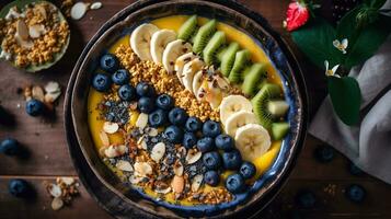 Healthy pineapple, mango smoothie bowl with coconut, bananas, blueberries and granola. Above view scene on a bright background, generative ai photo