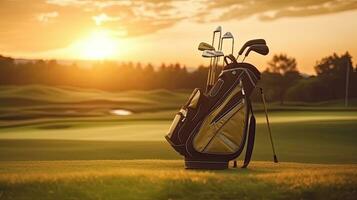 Golf club bag for golfer training and play in game with golf course background at sunset. Golfer. Generative Ai photo