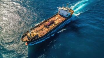 Aerial view of industrial crude oil and fuel tanker ship cruising deep blue open ocean sea. Generative Ai photo