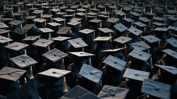 Large group of graduation caps during commencement. Generative Ai photo