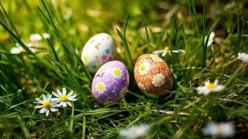 Three decorated easter eggs in the grass with daisies. Easter eggs. Generative Ai photo