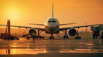 Workers refueling planes in the airport. Generative Ai photo