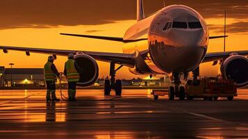 aeropuerto trabajador Servicio repostaje el aeronave. generativo ai foto