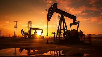 Silhouette of Crude oil pumpjack rig on desert silhouette in evening sunset, energy industrial machine for petroleum gas production. Generative Ai photo