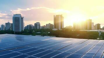 Solar panels on the roof in the city, Clean energy concept of solar energy blue sky background. Generative Ai photo