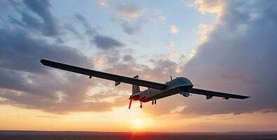 Combat drone in the sky on a mission, an unmanned aerial vehicle launches missiles at a target. Generative AI photo