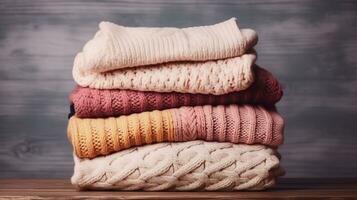 Bunch of knitted warm pastel color sweaters with different knitting patterns folded in stack on brown wooden table, grunged texture wall background. Fall winter season knitwear. Generative AI photo