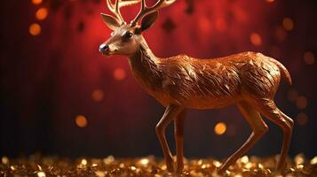 Christmas Card - Magic Golden Deer In Shiny Red Background, generative ai photo