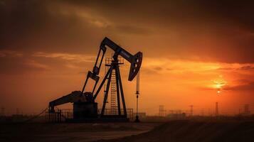 Oil pump, oil rig energy industrial machine for petroleum in the sunset background, generative ai photo