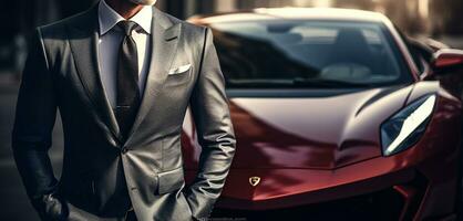 The Affluent Gentleman Embraces Luxury, Posing Beside a Phenomenal Supercar. Generative AI photo