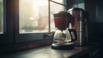 géiser café fabricante en eléctrico estufa en cocina cerca ventana, generativo ai foto
