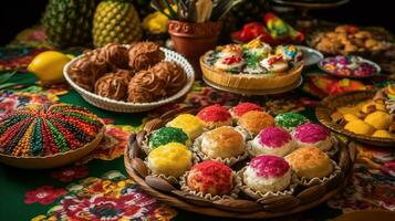 junio banquete dulces, festa junina tradicional alimento. brasileño alimento, generativo ai foto