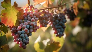 Vineyard in october. Bunches of grapes on branches. Close up, AI Generative photo