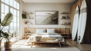 Stylish interior of bedroom with boards for sup surfing near light wall. AI Generative photo