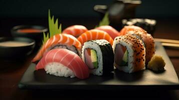 Close - up food photography of sushi set, ultra - realistic, Generative AI photo