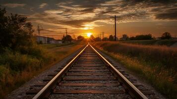Train tracks leading into the beautiful sunset. AI Generative photo
