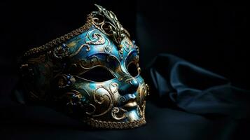 Photo of elegant and delicate Venetian mask over blue dark background, generative ai