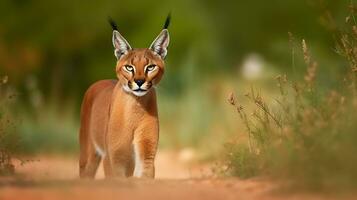 Caracal, African lynx, in green grass vegetation. Beautiful wild cat in nature habitat, Generative AI photo