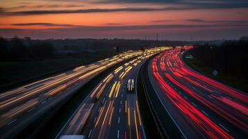 Long exposure photo of traffic on the move at dusk on motorway, generative ai