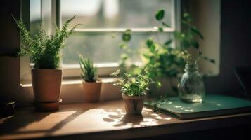 Desk of free space with green plant and window of spring time, generative ai photo