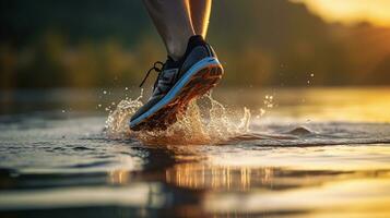 deporte corredor pies corriendo en puesta de sol lago de cerca en zapato, generativo ai foto