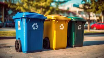 Collection of Yellow, Green, Blue and Red recycle bins with recycle symbol in public. Generative Ai photo