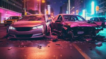 auto accidente involucrando dos carros en un ciudad calle a noche. seguro cobertura concepto. generativo ai foto