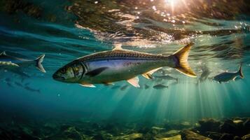 Sardines fish on ice in the market. Sardine fish. Generative Ai photo