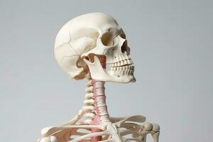 un muerte humano esqueleto modelo aislado en blanco antecedentes. médico educación en humano esqueleto. generativo ai foto