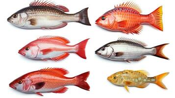 Seafood fish collage isolated on white background. Generative Ai photo