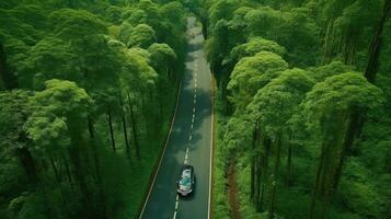 Aerial view of Modern Electric car and EV electrical energy for environment, EV car on forest road, Ecosystem ecology healthy environment. Generative Ai photo