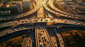 Aerial view of car traffic on multi lane highways or expressways, traffic in roundabouts is part of everyday life. Generative Ai photo