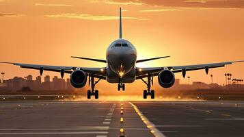 un grande avión de reacción tomando apagado desde aeropuerto pista a puesta de sol o amanecer con el aterrizaje engranaje abajo y el aterrizaje engranaje abajo, como el avión es acerca de a tomar apagado. generativo ai. foto