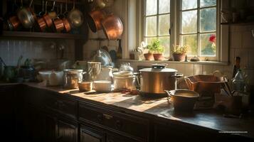 un antiguo casa de Campo cocina, muchos ollas y sartenes, comida en el encimera, ai generativo foto